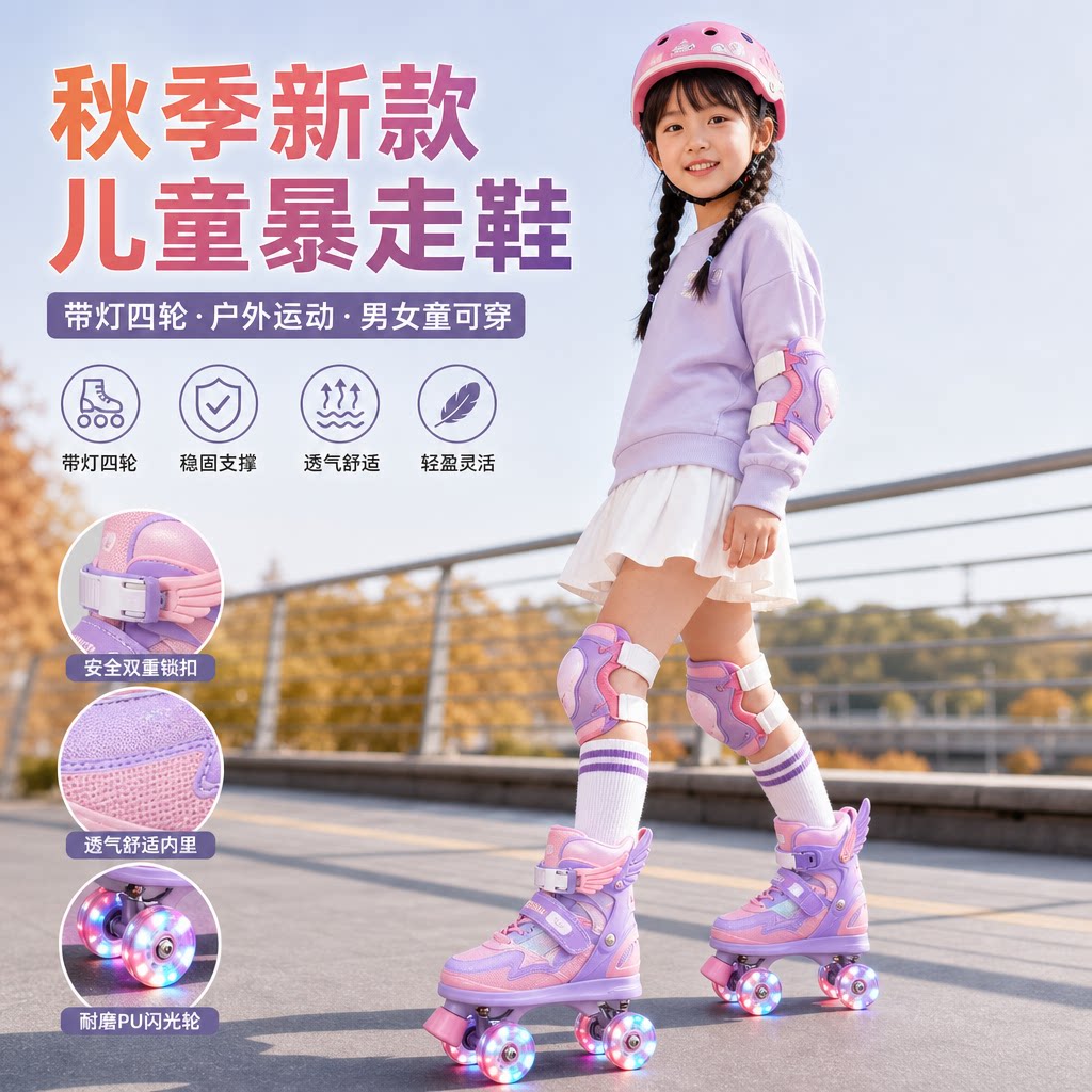 秋季新款儿童暴走鞋中大童户外溜冰鞋四轮带灯运动滑轮鞋男女童鞋