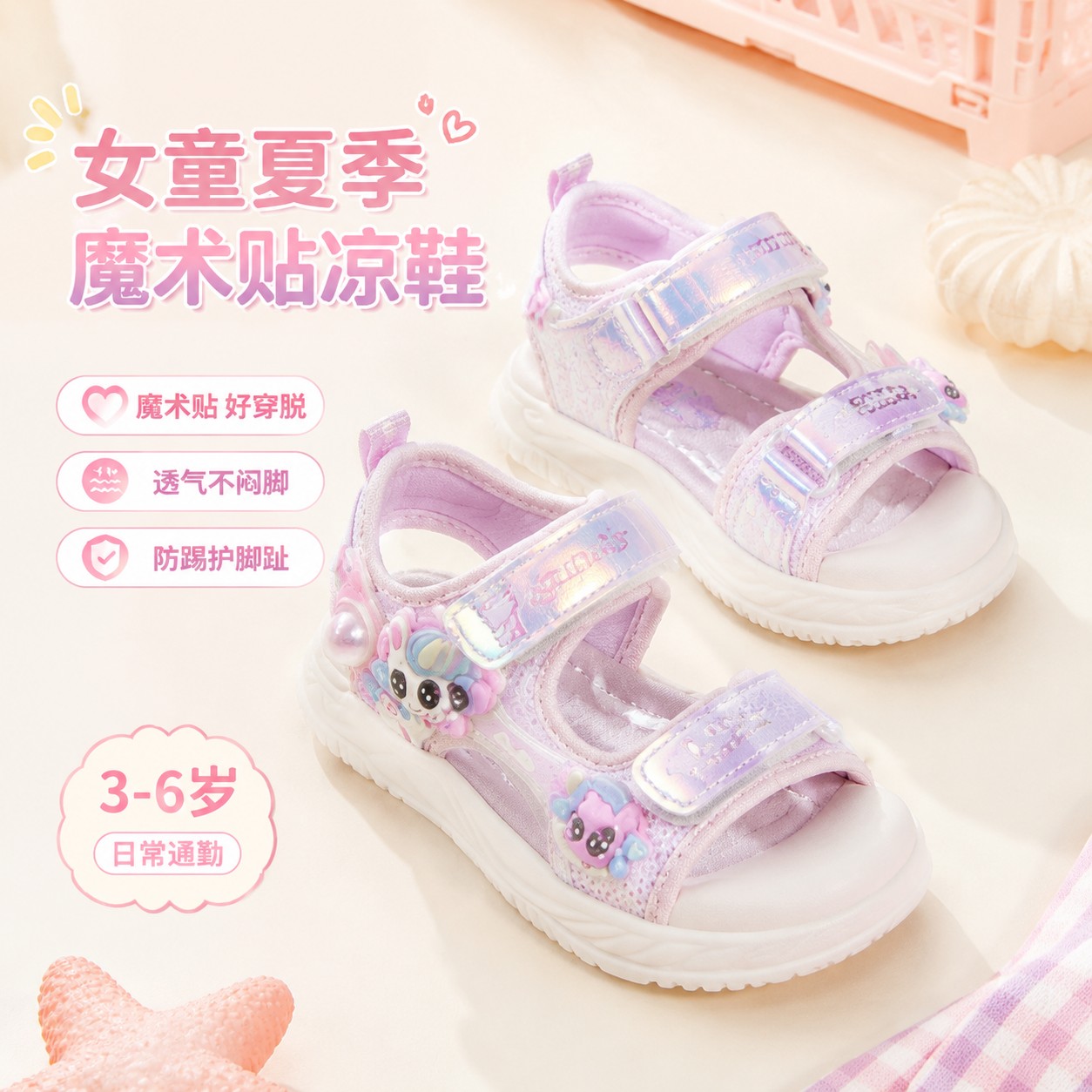 女童夏季凉鞋儿童魔术贴防踢透气幼儿园宝宝紫粉色卡通款日常鞋