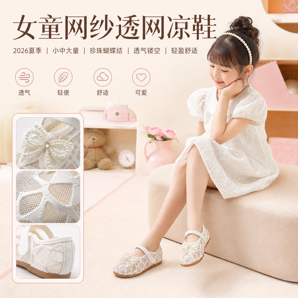 女童网纱透网凉鞋2026年夏季儿童小中大童可爱珍珠蝴蝶结镂空单鞋