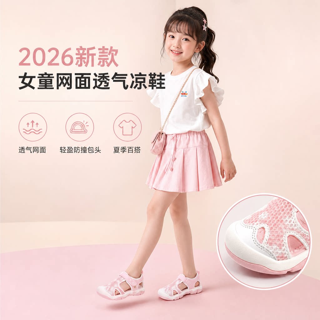 女童凉鞋夏季2026新款儿童网面透气运动鞋中大童女孩镂空网鞋包头