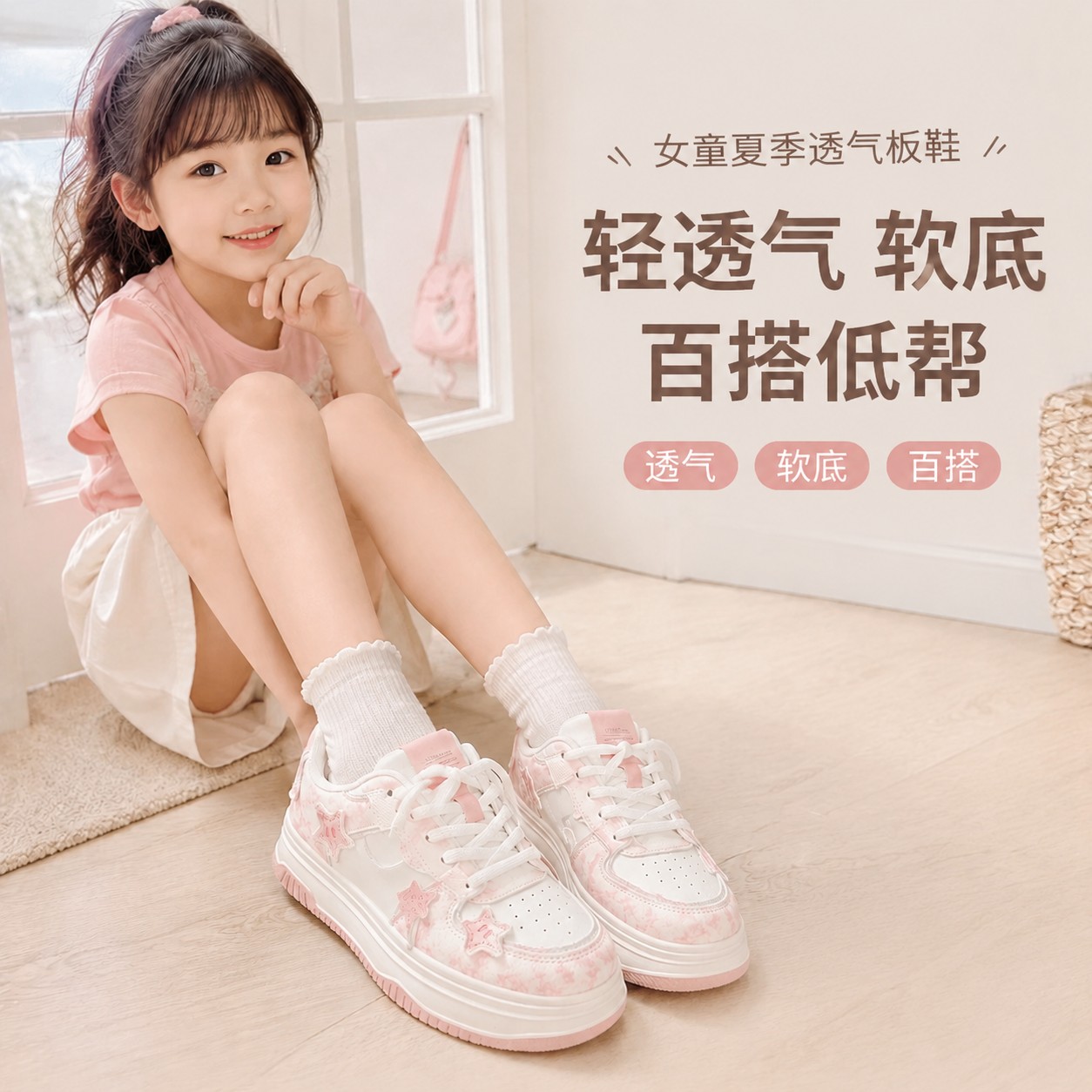 女童夏季低帮板鞋儿童运动休闲鞋软底百搭米白粉红色星星款日常穿