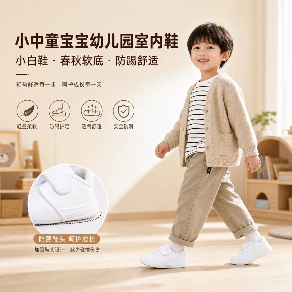 小中童宝宝幼儿园室内鞋儿童小白鞋男童女童春秋软底防踢小童鞋潮