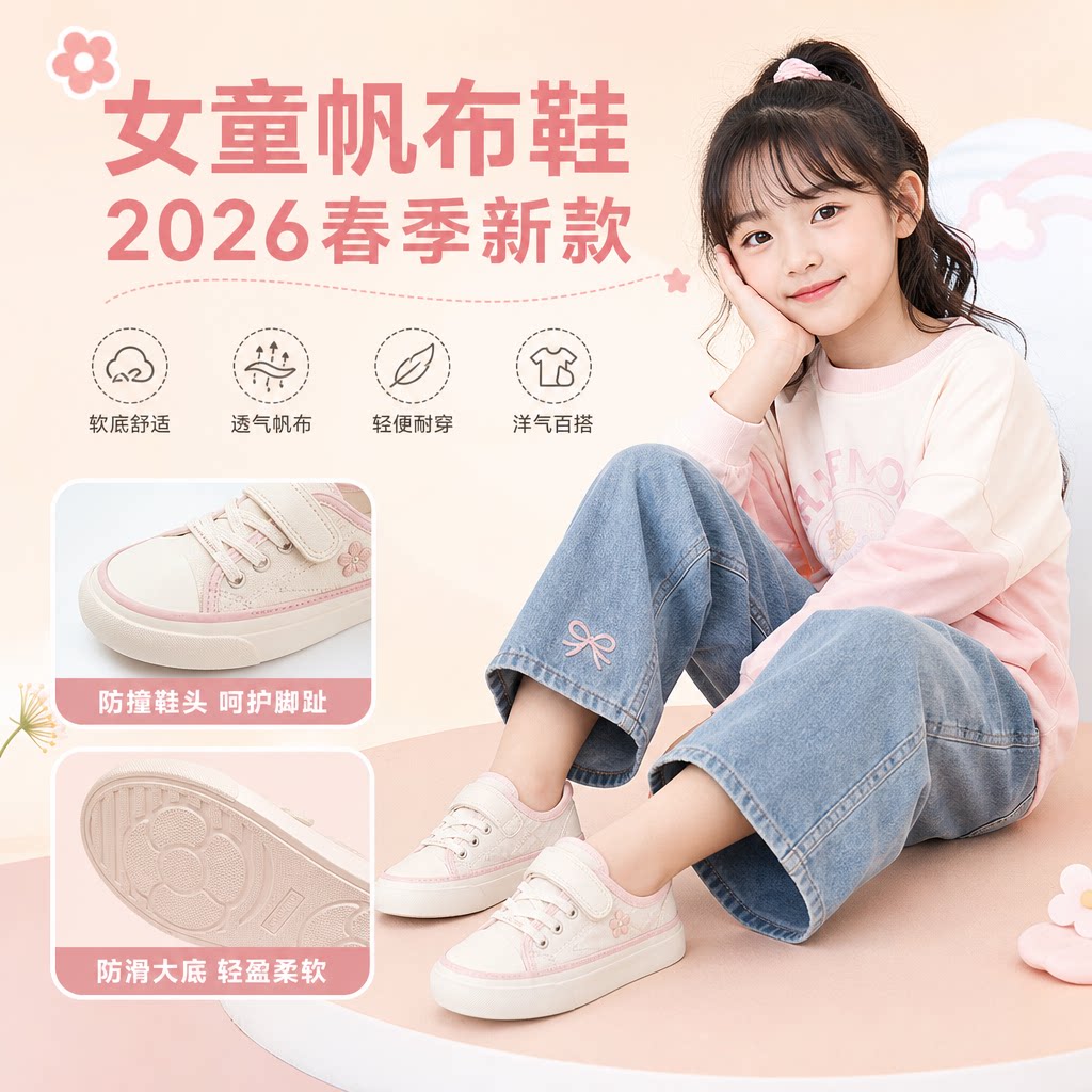 女童帆布鞋2026春季新款儿童洋气时尚板鞋女孩中大童软底休闲布鞋