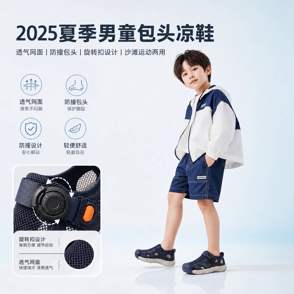 2025夏季儿童包头凉鞋男童沙滩鞋男孩子透气运动凉鞋防撞旋转扣鞋