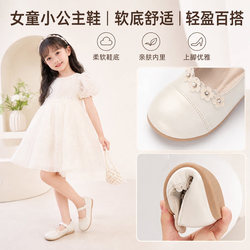 女童白色鞋子儿童皮鞋黑色单鞋白色小公主鞋中大童宝宝软底