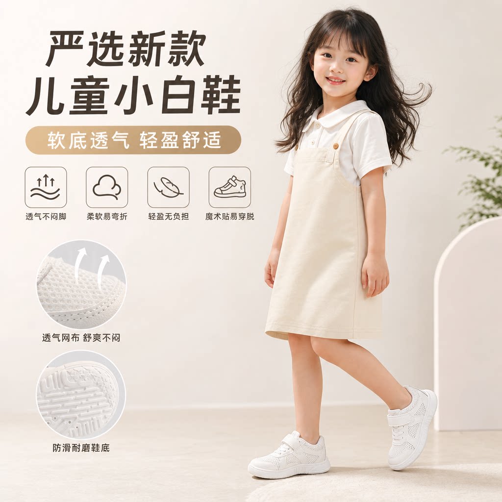 严选新款儿童小白鞋女童鞋子3 6岁7软底12透气 秋季运动鞋男