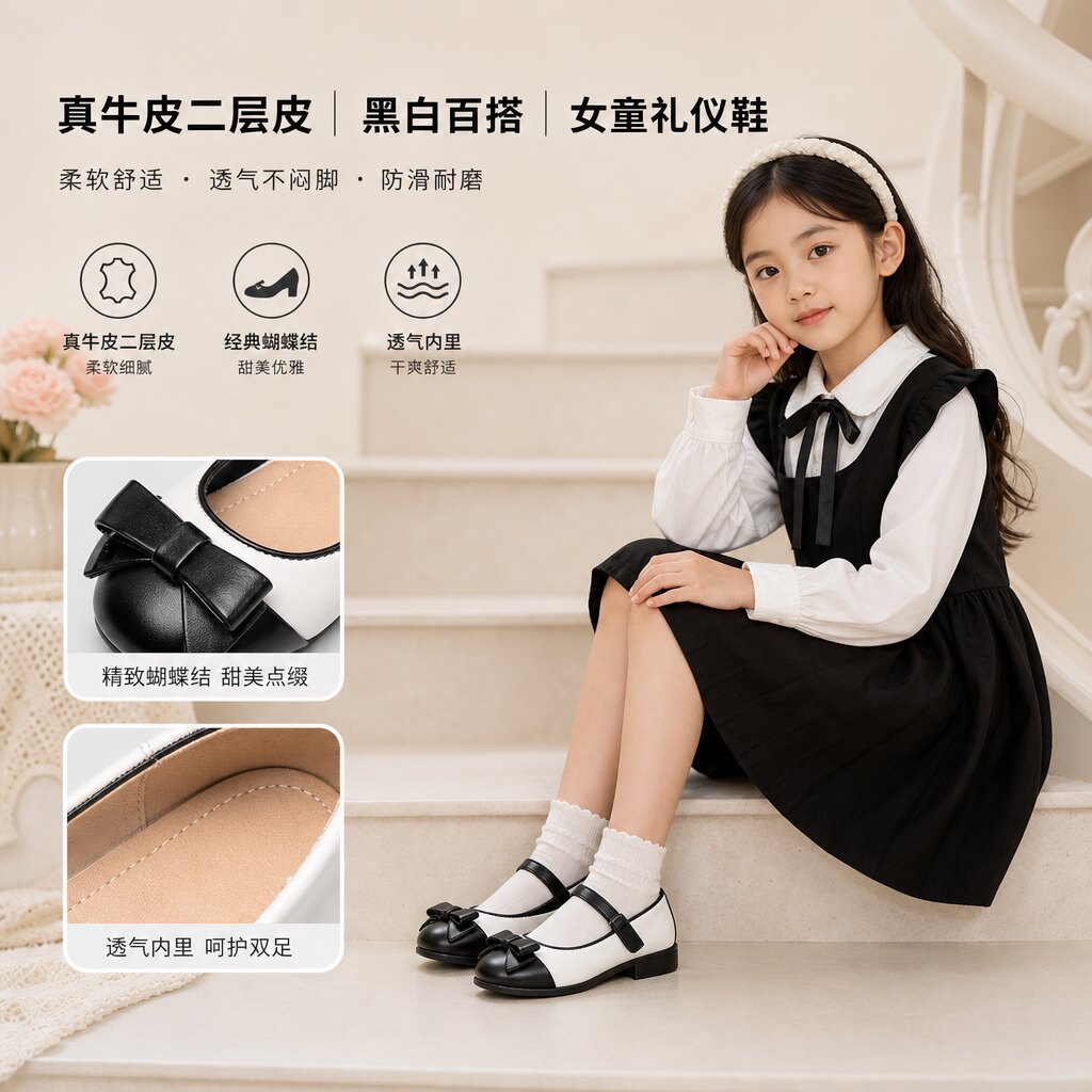 儿童皮鞋公主鞋真牛皮二层皮黑色白色女童女生学生学校表演礼仪鞋