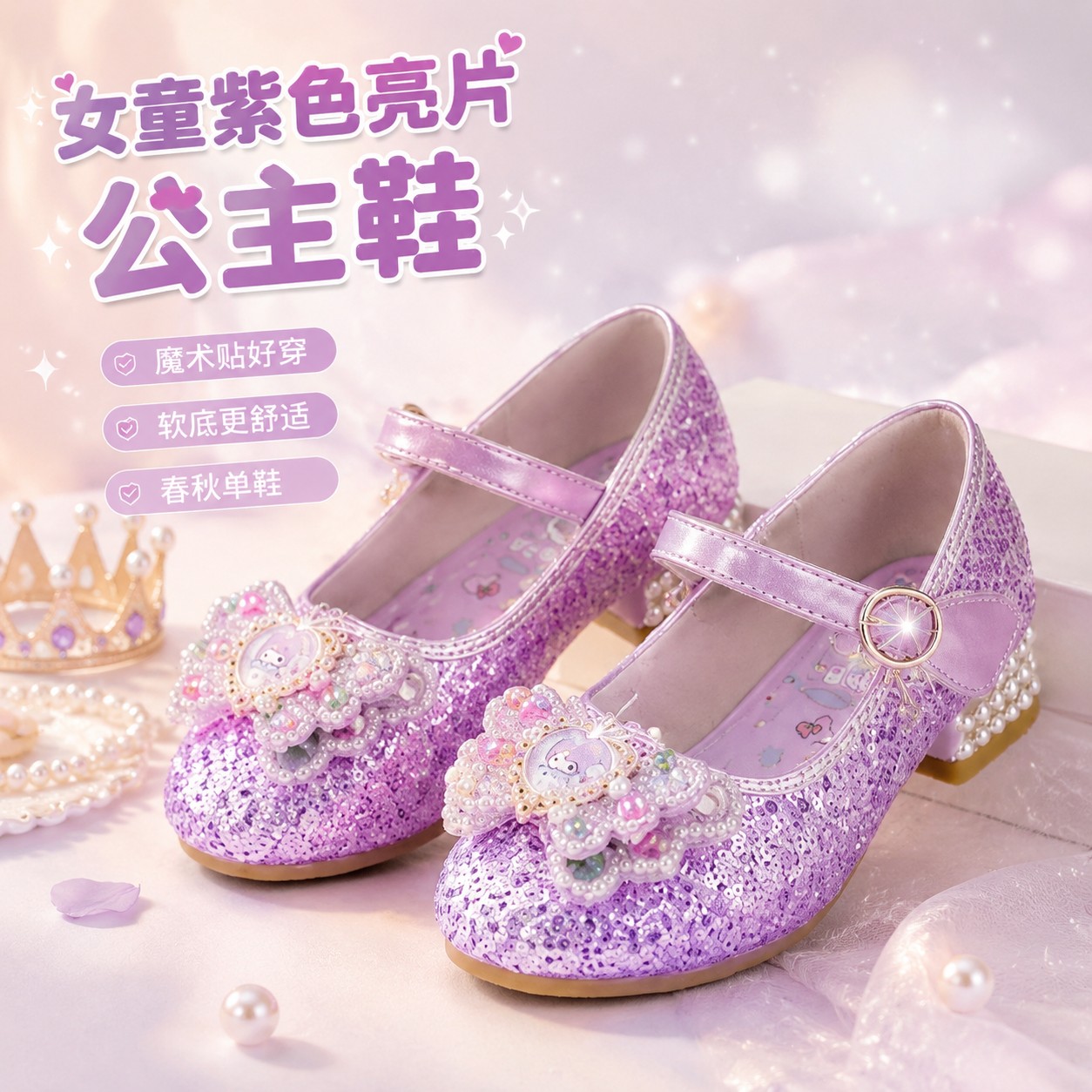 女童中帮亮片魔术贴单鞋春秋人造革软底公主鞋粉色紫色日常穿搭