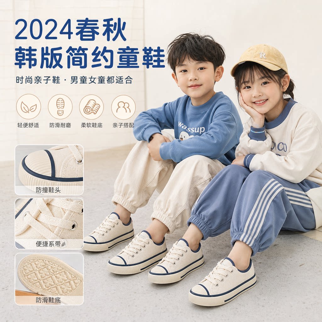儿童帆布鞋2024春秋款韩版简约低帮夏季男童女童鞋系带时尚亲子鞋