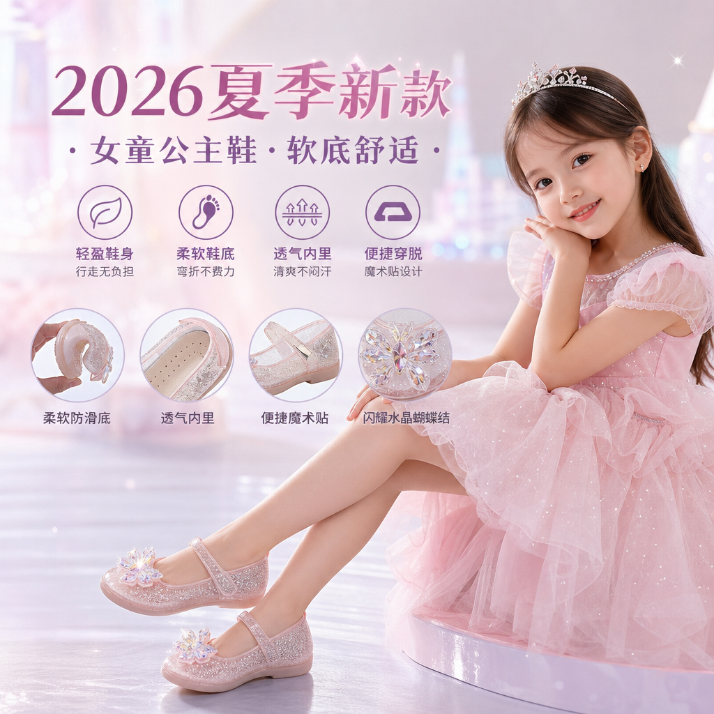 女童公主鞋2026夏季新款儿童小皮鞋水晶鞋女宝宝单鞋春秋鞋子软底