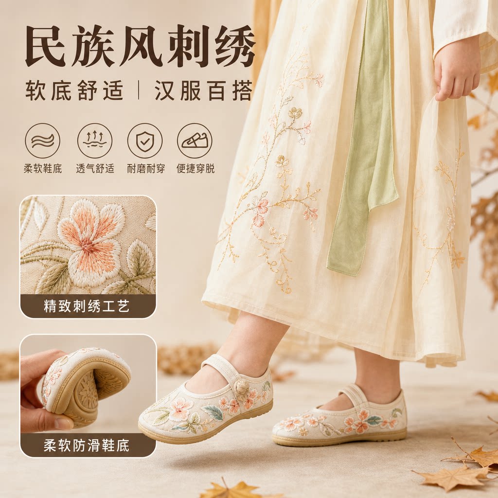 童鞋民族风传统刺绣鞋清秋软底女童汉服鞋幼儿园儿童布鞋绣花鞋
