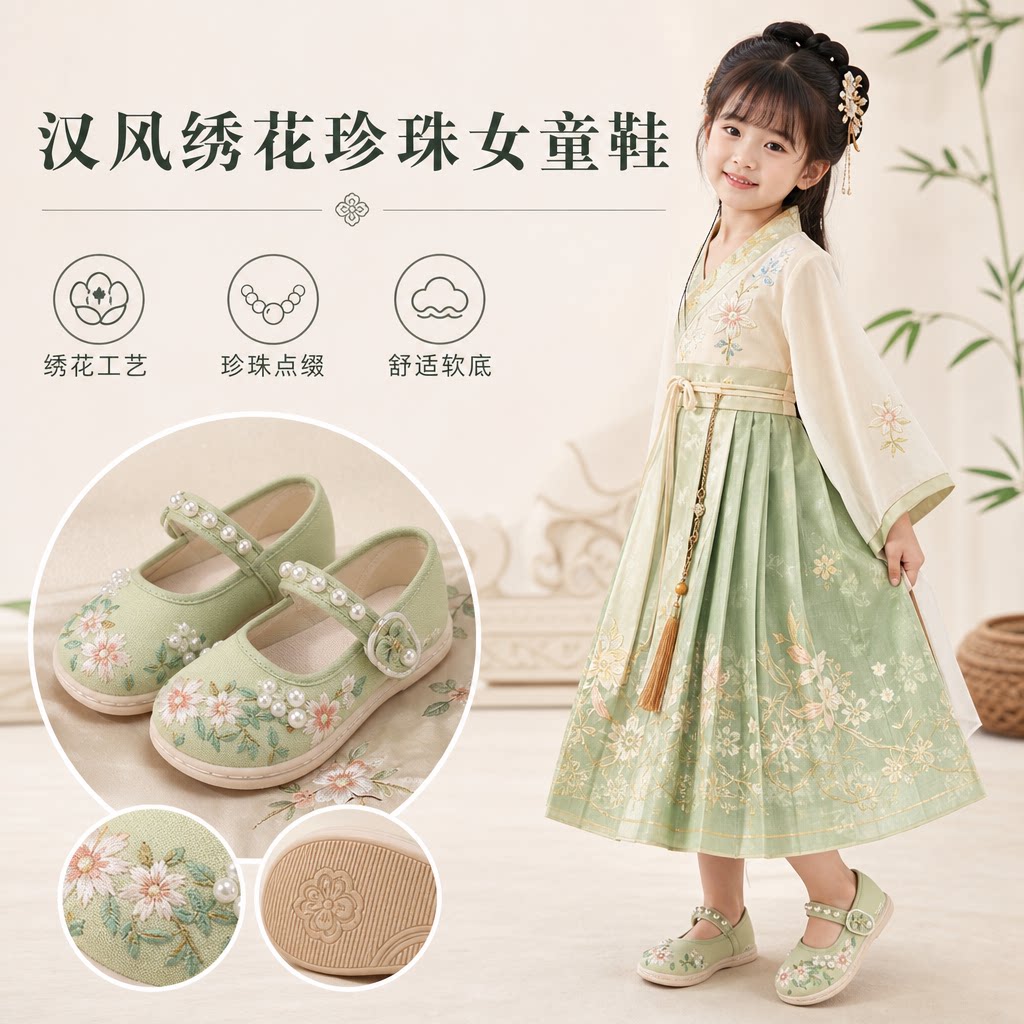 汉服鞋女童绣花鞋中国风绿色配马面裙鞋子珍珠古风老北京儿童布鞋