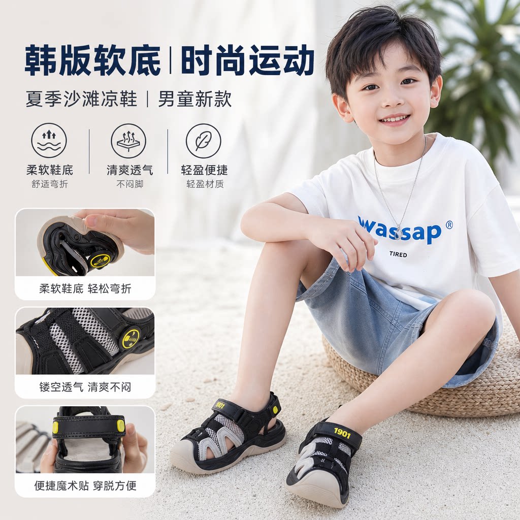 1901中大童小孩韩版软底时尚运动沙滩鞋儿童凉鞋2024新款夏季男童