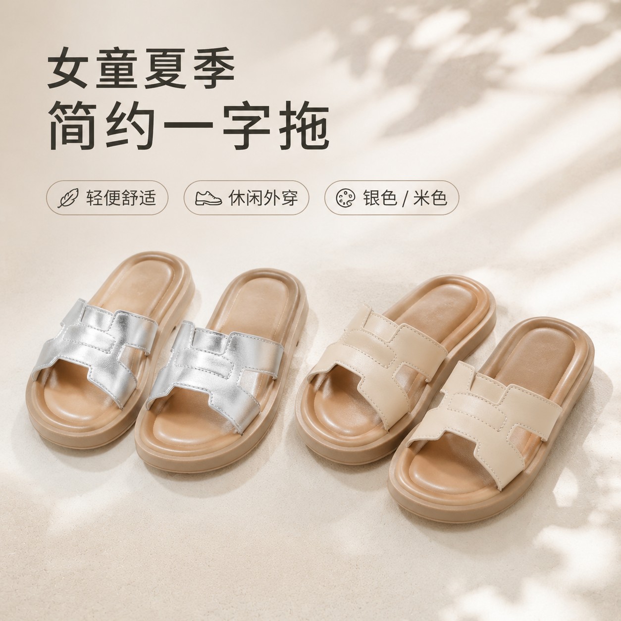 女童夏季简约一字拖儿童户外凉拖银色米色中大童沙滩休闲外穿鞋日