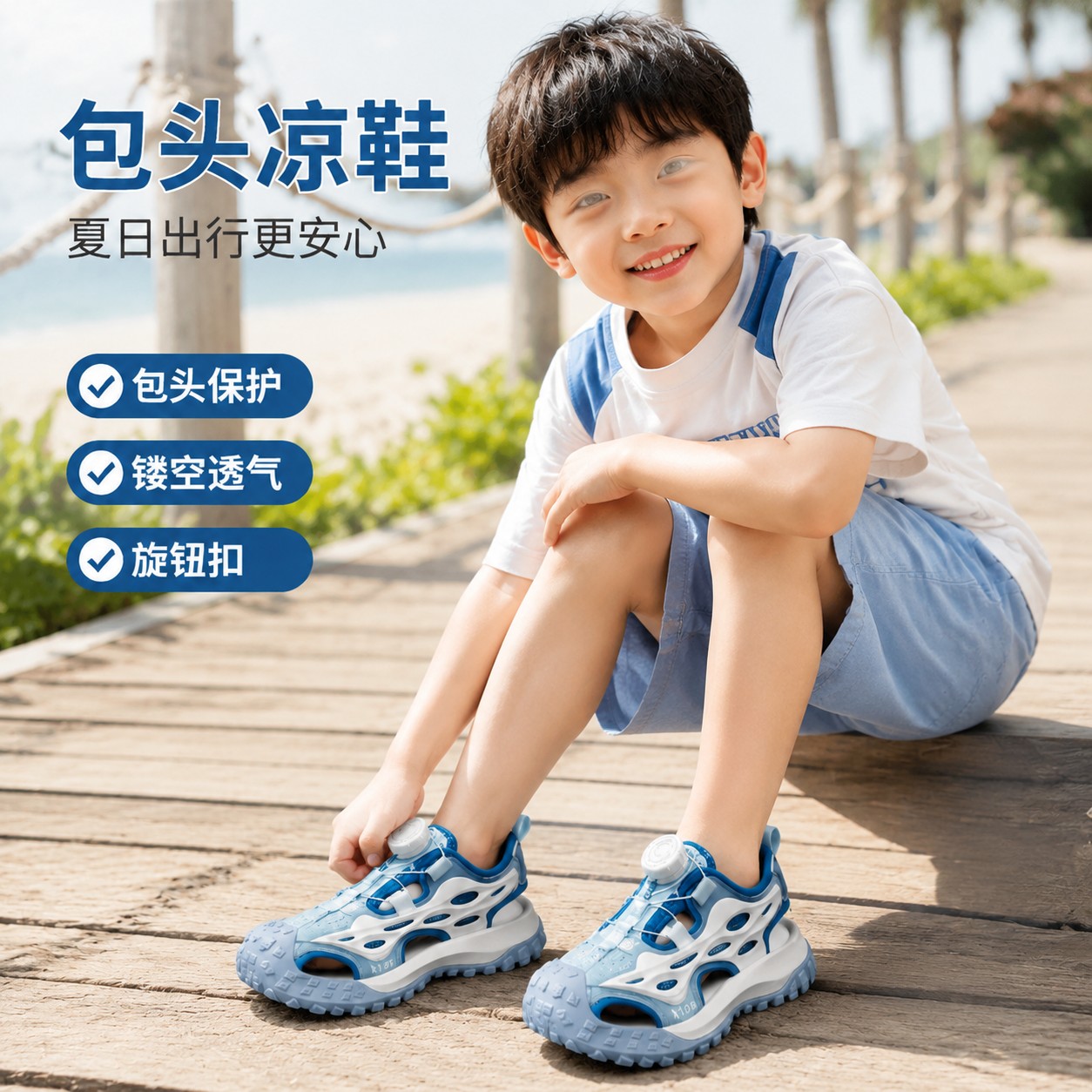 男童夏季包头凉鞋儿童镂空旋钮扣网布沙滩鞋休闲运动凉拖低帮日常