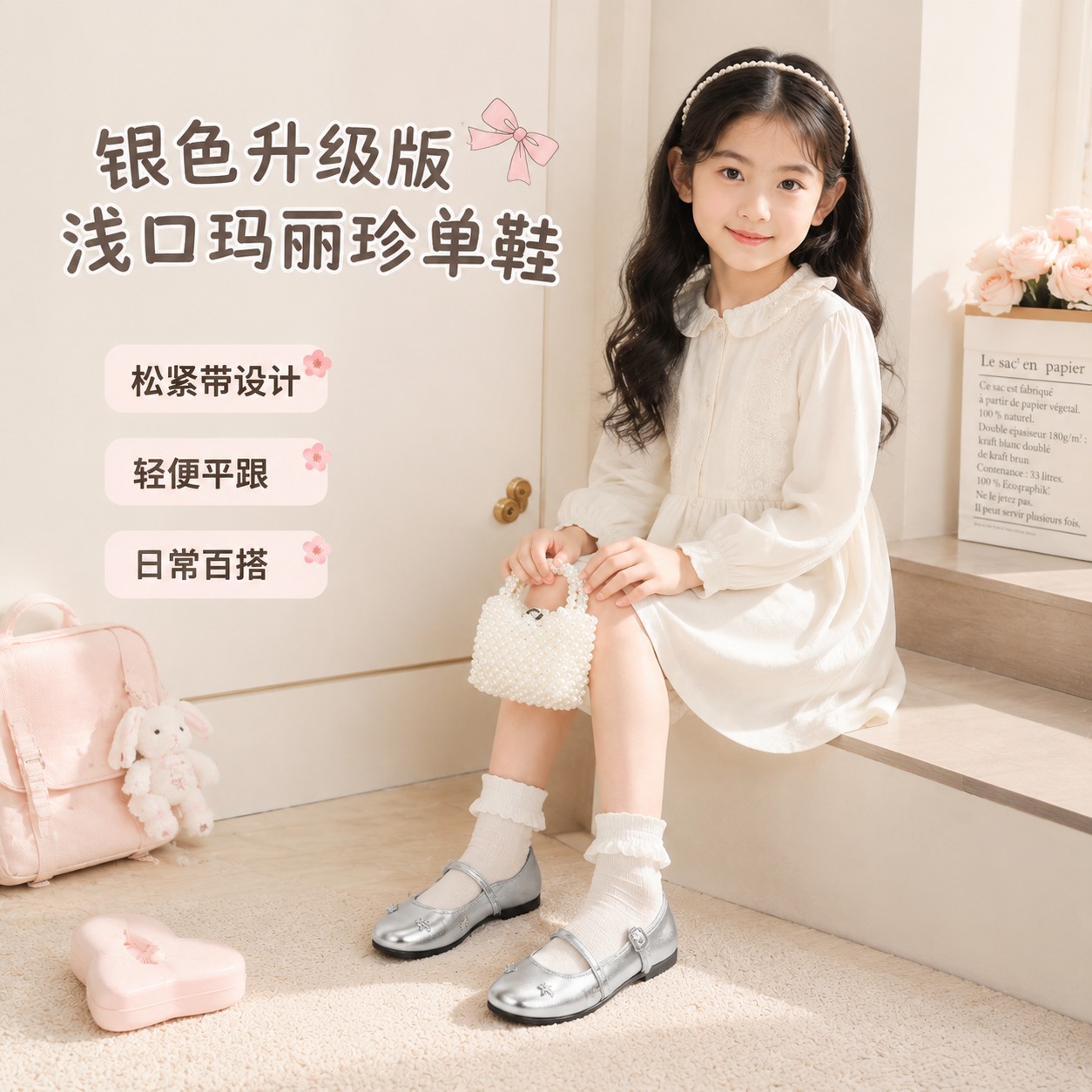 女童银色浅口玛丽珍单鞋松紧带平跟公主风日常休闲皮鞋超纤皮