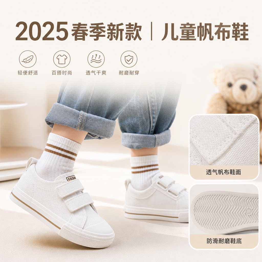儿童帆布鞋2025春季新款女童布鞋男童小白板鞋宝宝学生中小童鞋子