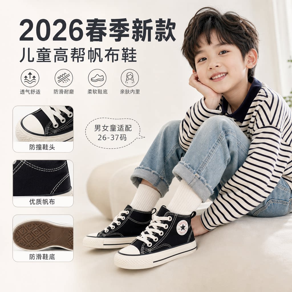 儿童高帮帆布鞋2026春季新款男女小中大童韩版学生板鞋亲子情侣鞋