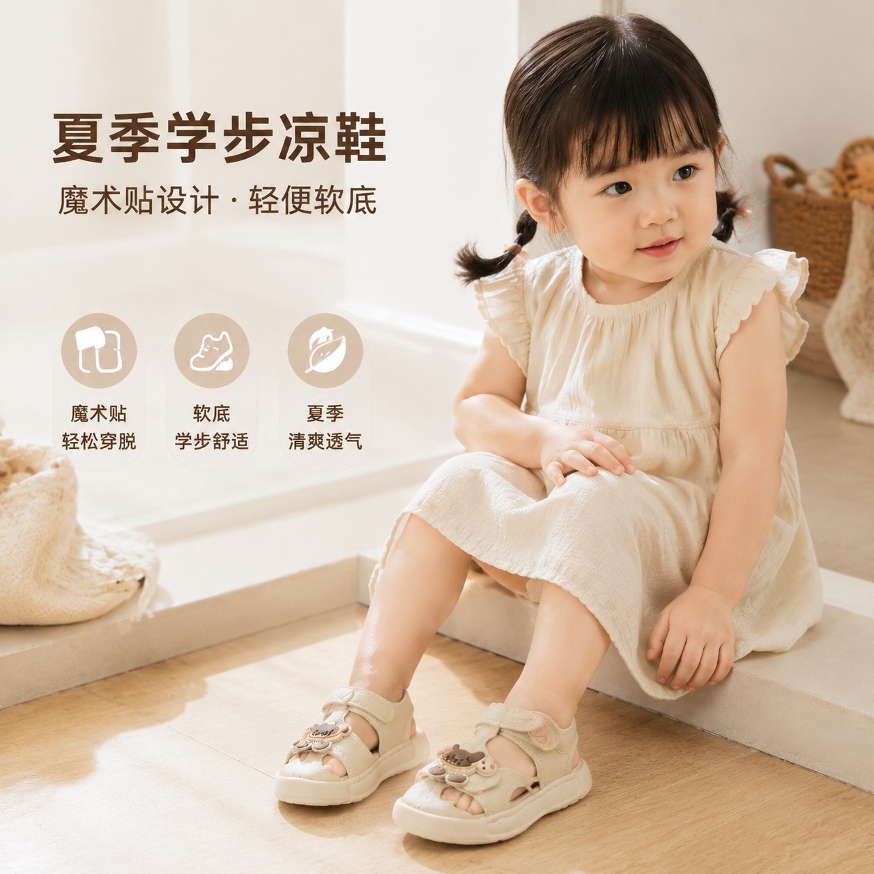 夏季婴幼儿魔术贴学步凉鞋超纤皮软底防踢宝宝休闲沙滩鞋男女童日