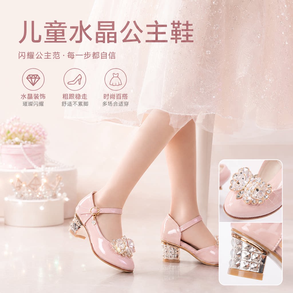 儿童水晶高跟鞋新款女童水晶公主鞋小学生网红粗跟中大童时尚皮鞋
