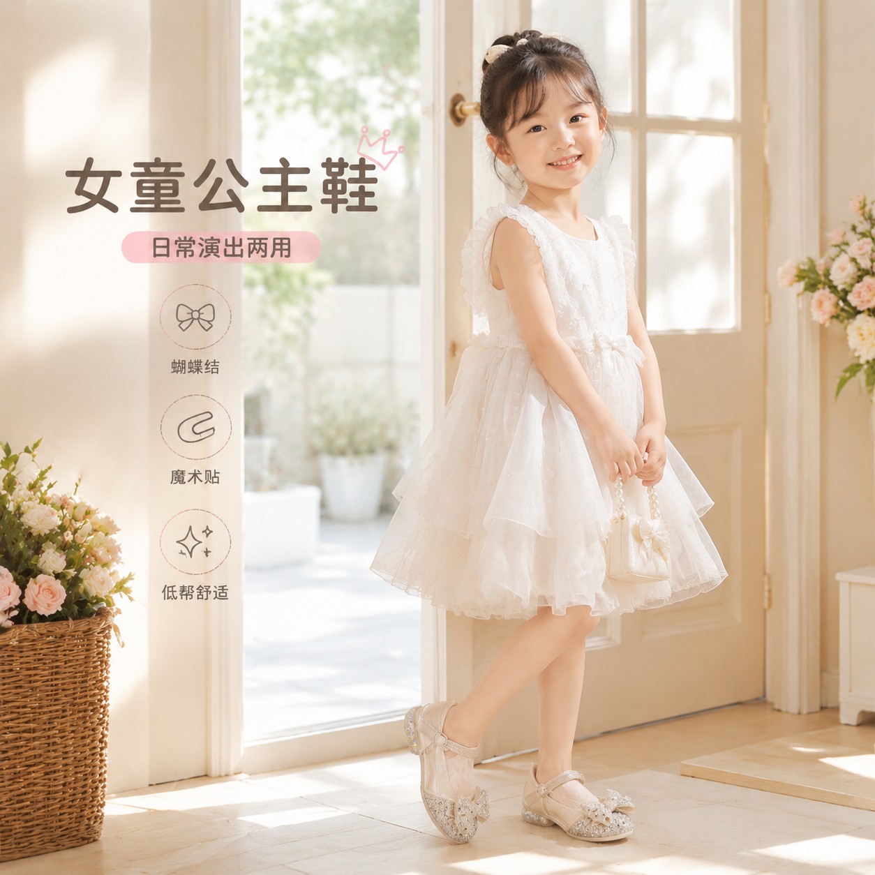 女童公主鞋蝴蝶结亮片低帮魔术贴日常演出儿童皮鞋休闲穿搭