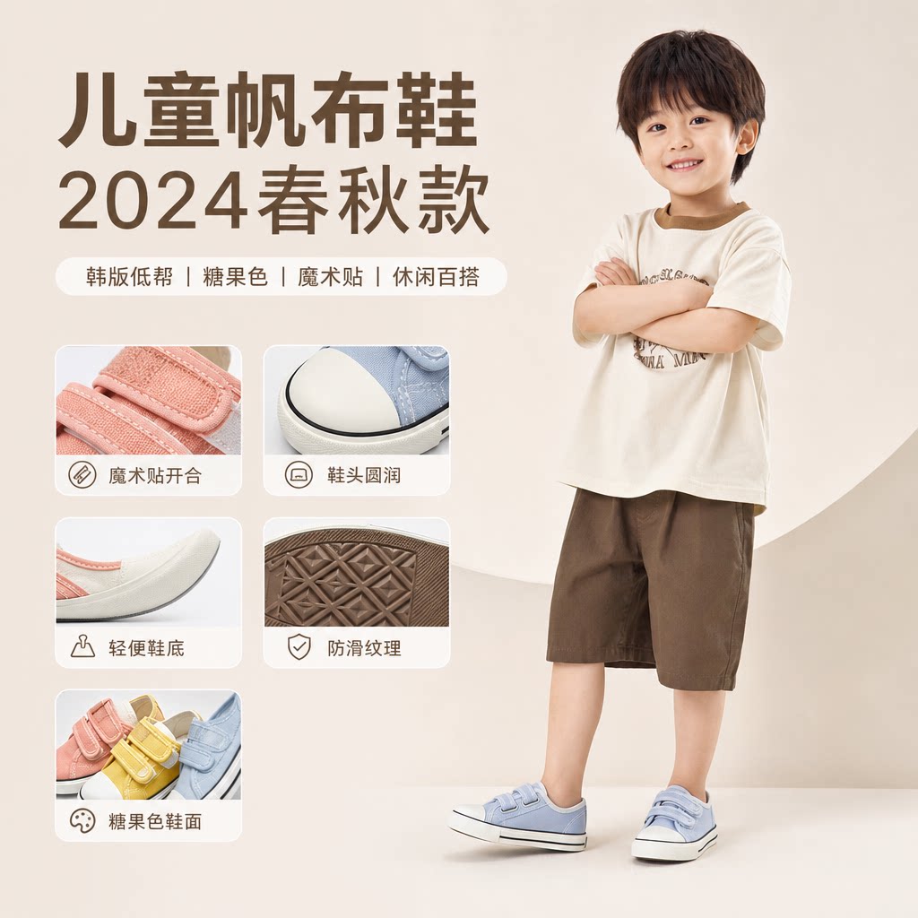 儿童帆布鞋2024春秋款韩版低帮糖果色魔术贴休闲时尚潮男童女童鞋