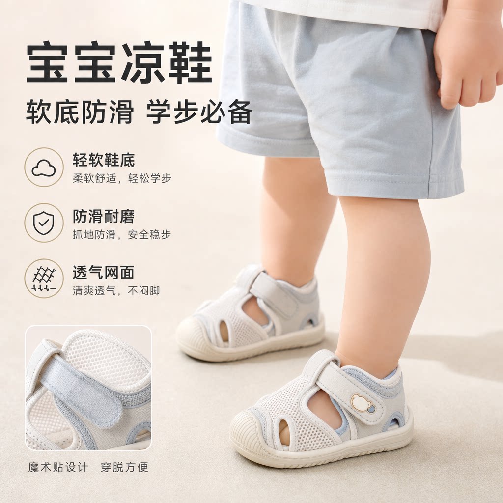 宝宝凉鞋男夏季学步鞋0一1-2岁婴儿防滑软底婴幼儿网鞋女宝宝鞋子