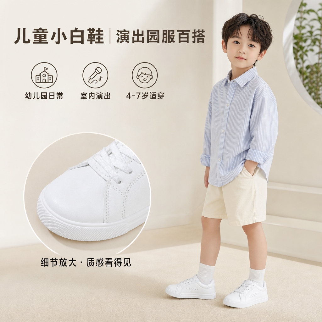 男童鞋子白色女童板鞋61跳舞儿童小白鞋演出幼儿园室内四五六七岁