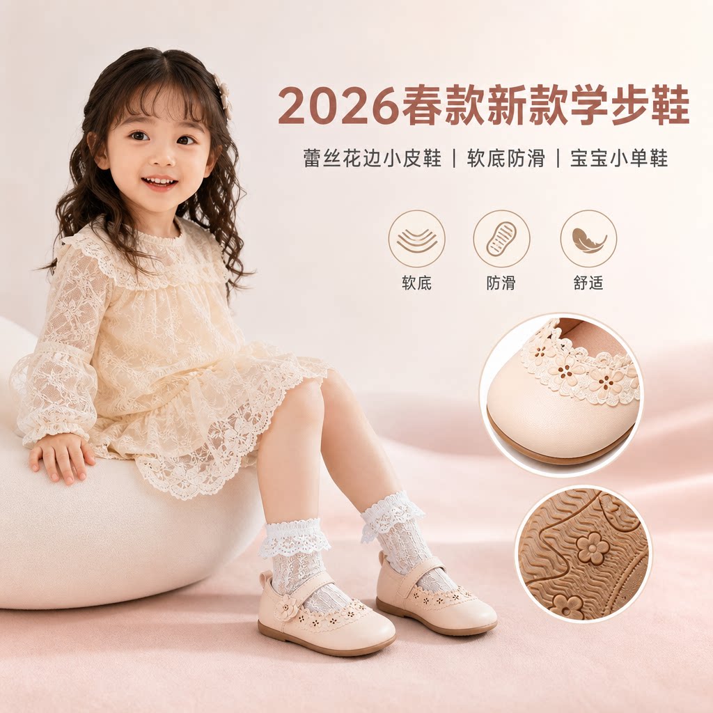 2026年春款新款学步鞋蕾丝花边小皮鞋女童软底宝宝鞋子防滑小单鞋