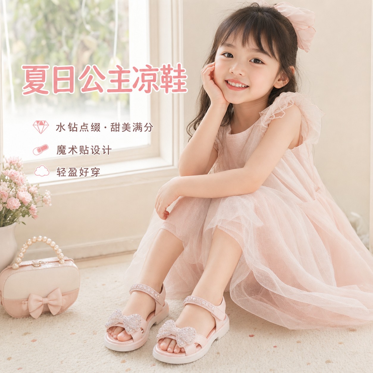 女童超纤皮水钻魔术贴公主凉鞋夏季米白粉色可选日常穿搭休闲学生