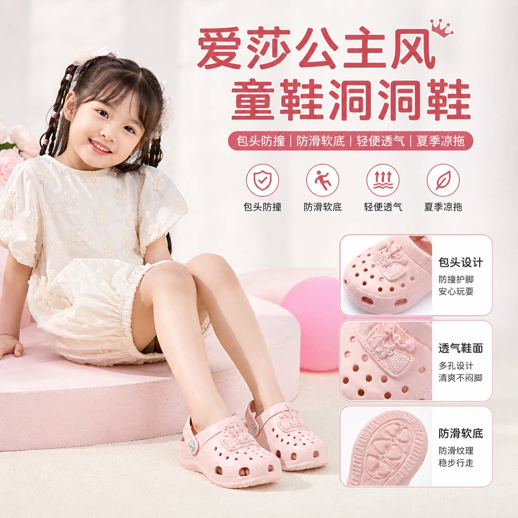 迪士儿童洞洞鞋宝宝拖鞋爱莎公主女童夏季凉拖包头幼儿防滑软底