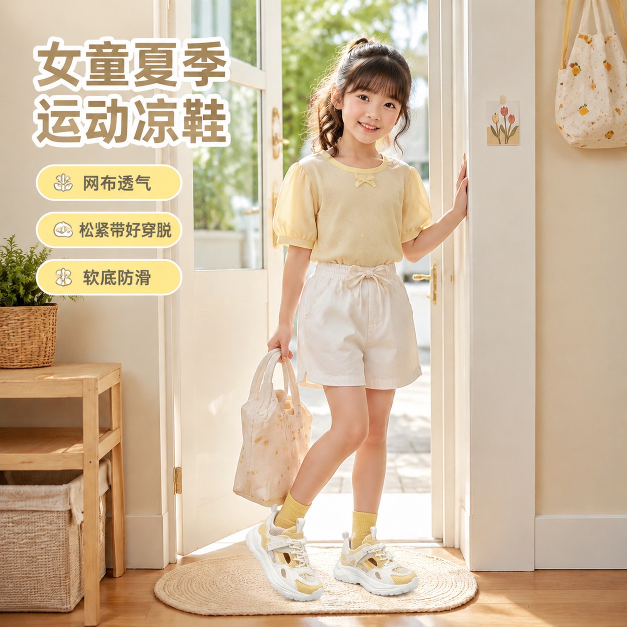 女童夏季网布松紧带运动凉鞋软底轻便透气休闲鞋儿童日常板鞋穿搭