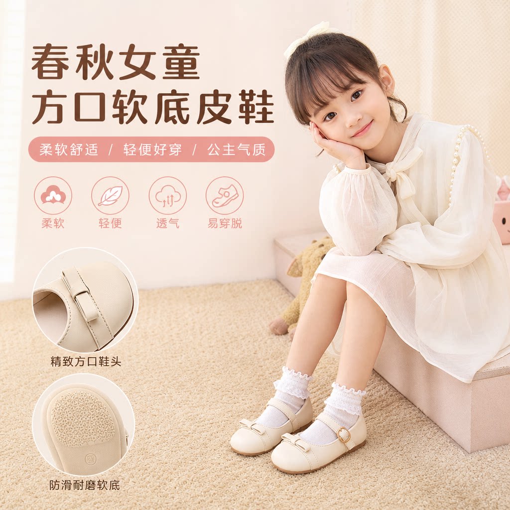 春秋儿童方口皮鞋公主鞋软底婴儿学步鞋女宝宝鞋子女童豆豆鞋单鞋