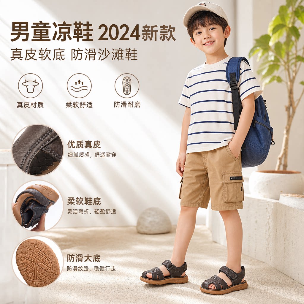 男童凉鞋2024新款夏季小童真皮软底儿童鞋子中大童防滑宝宝沙滩鞋