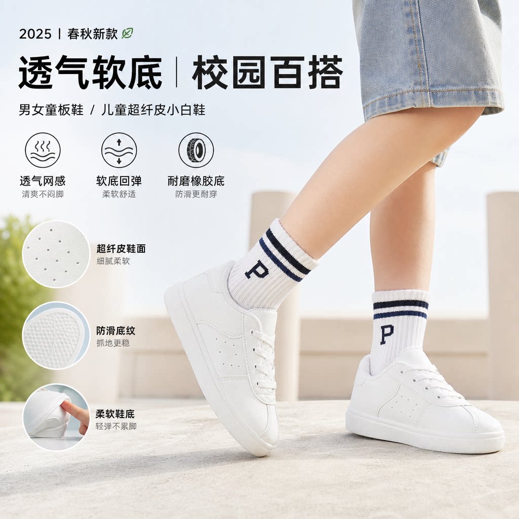 透气软底男女童板鞋2025春秋新款儿童超纤皮小白鞋校园百搭橡胶鞋