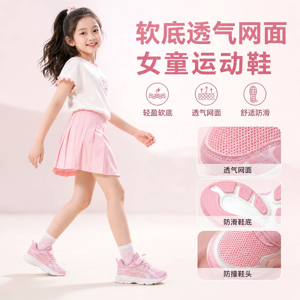 女童运动鞋春夏新款软底透气网面儿童鞋中大童粉色秋季女孩鞋