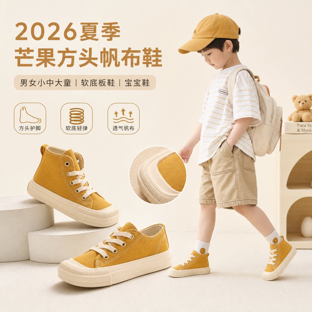 儿童芒果方头帆布鞋2026夏男女小中大童学生高低帮软底板鞋宝宝鞋