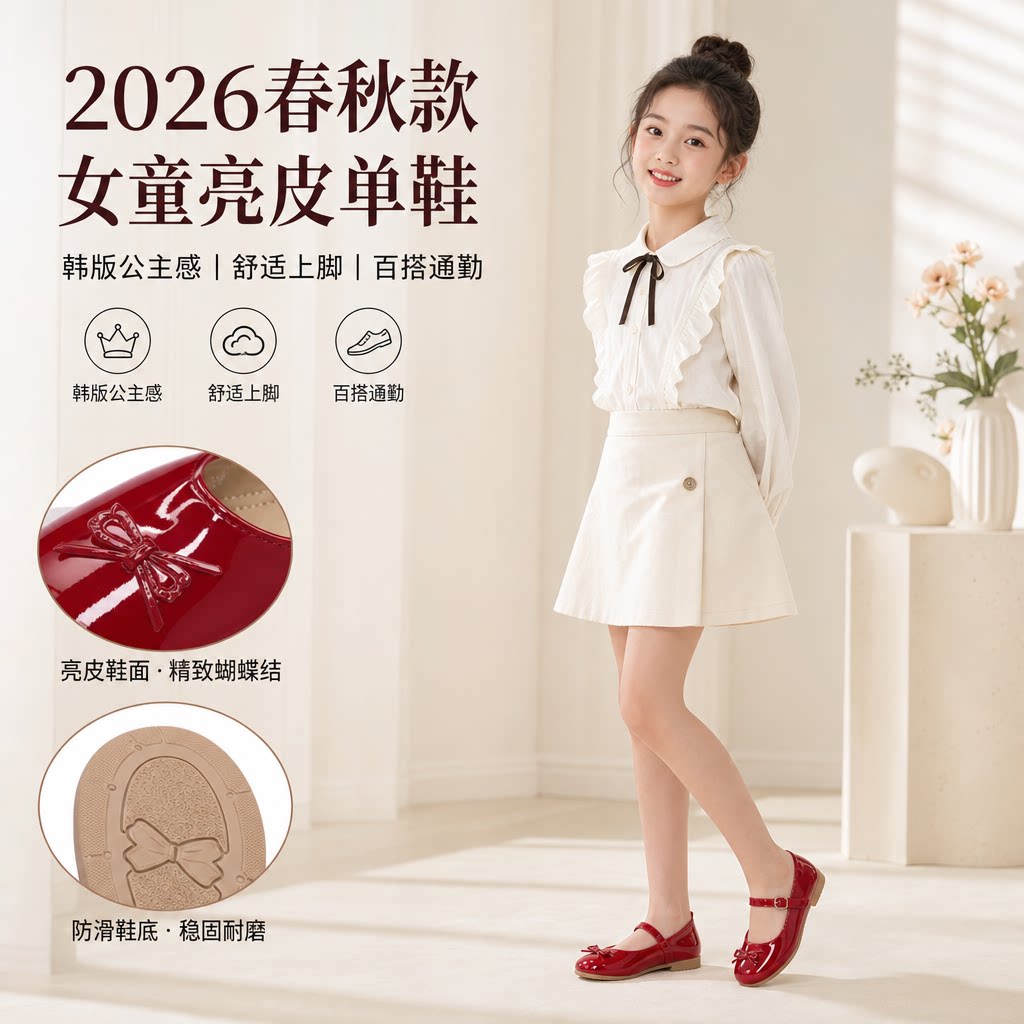 2026春秋款女童鞋韩版皮鞋学生公主鞋红色单鞋中大童鞋亮皮单鞋女