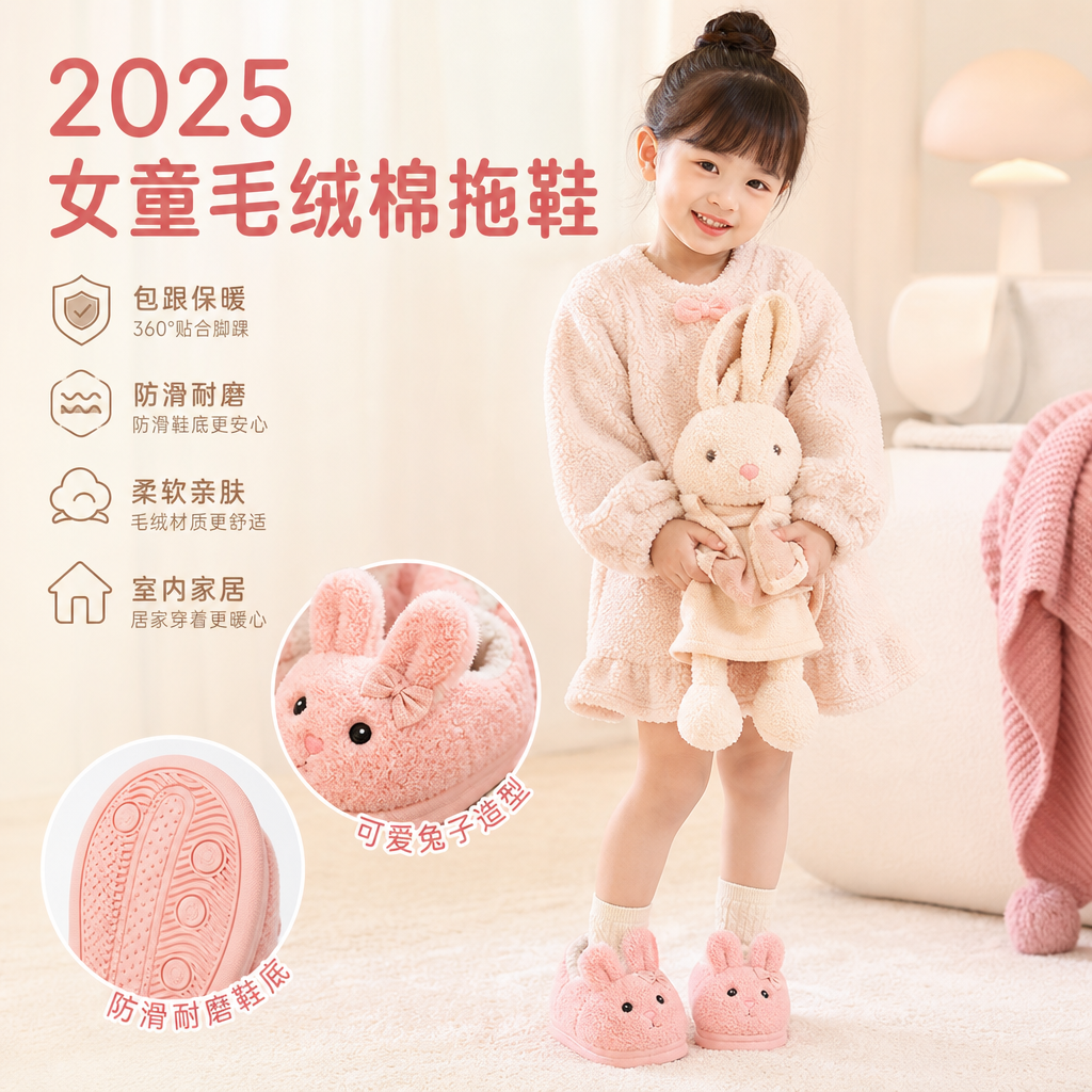 2025女童毛绒棉拖鞋冬季儿童家居小宝宝棉鞋包跟幼儿室内防滑兔子