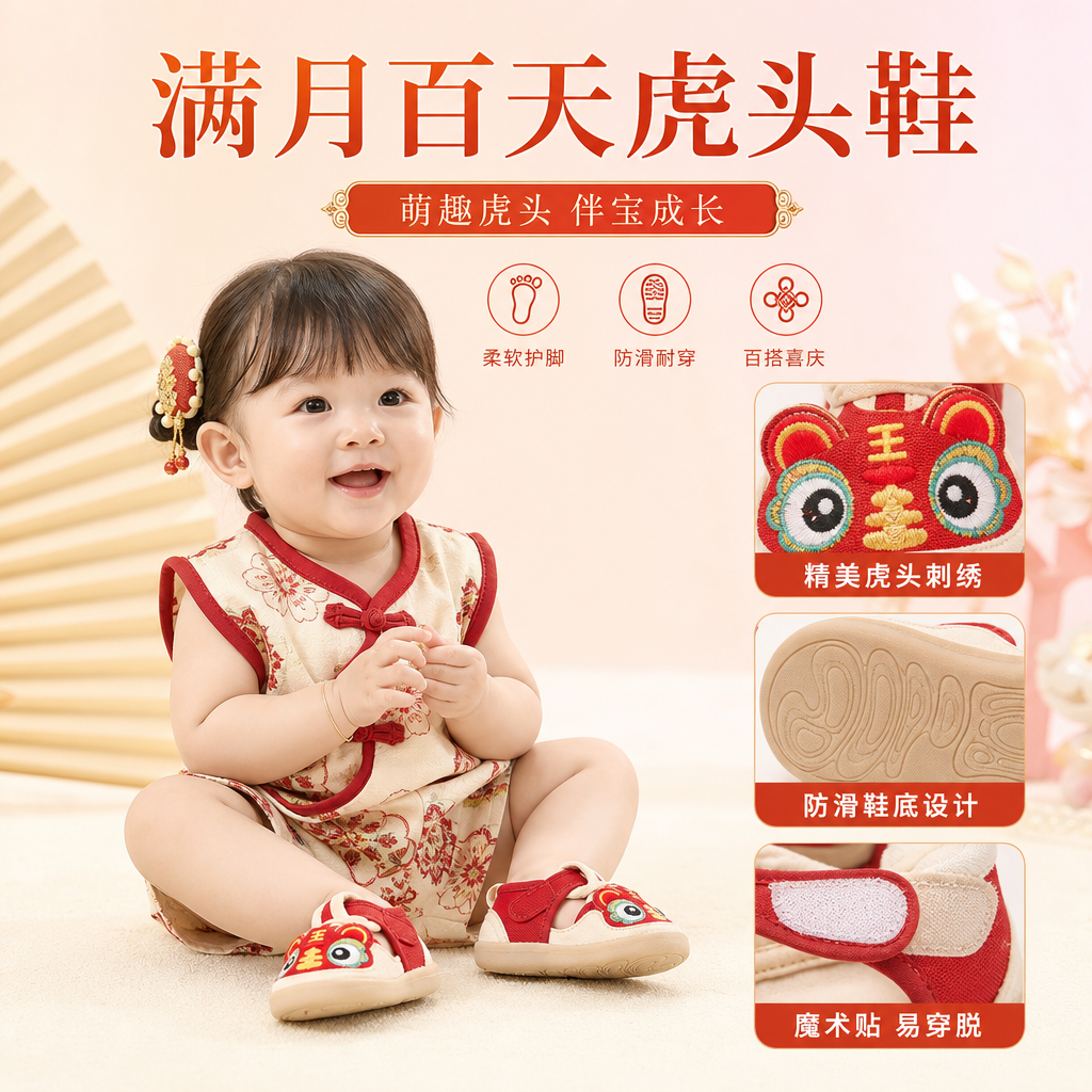 宝宝满月虎头鞋百天抓学步鞋婴儿男童中国风女童春夏喜庆周岁凉鞋