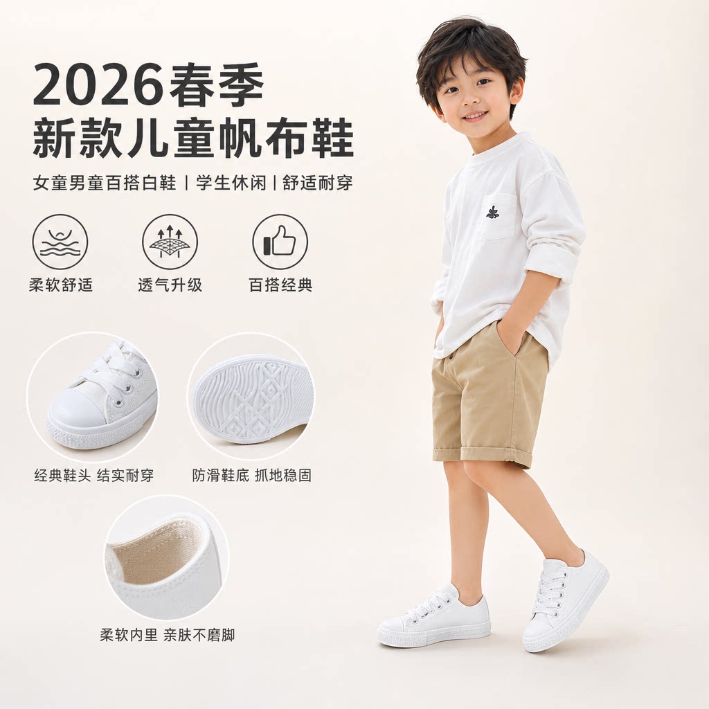 儿童帆布鞋2026春季新款女童布鞋时尚男童板鞋学生白鞋百搭休闲鞋