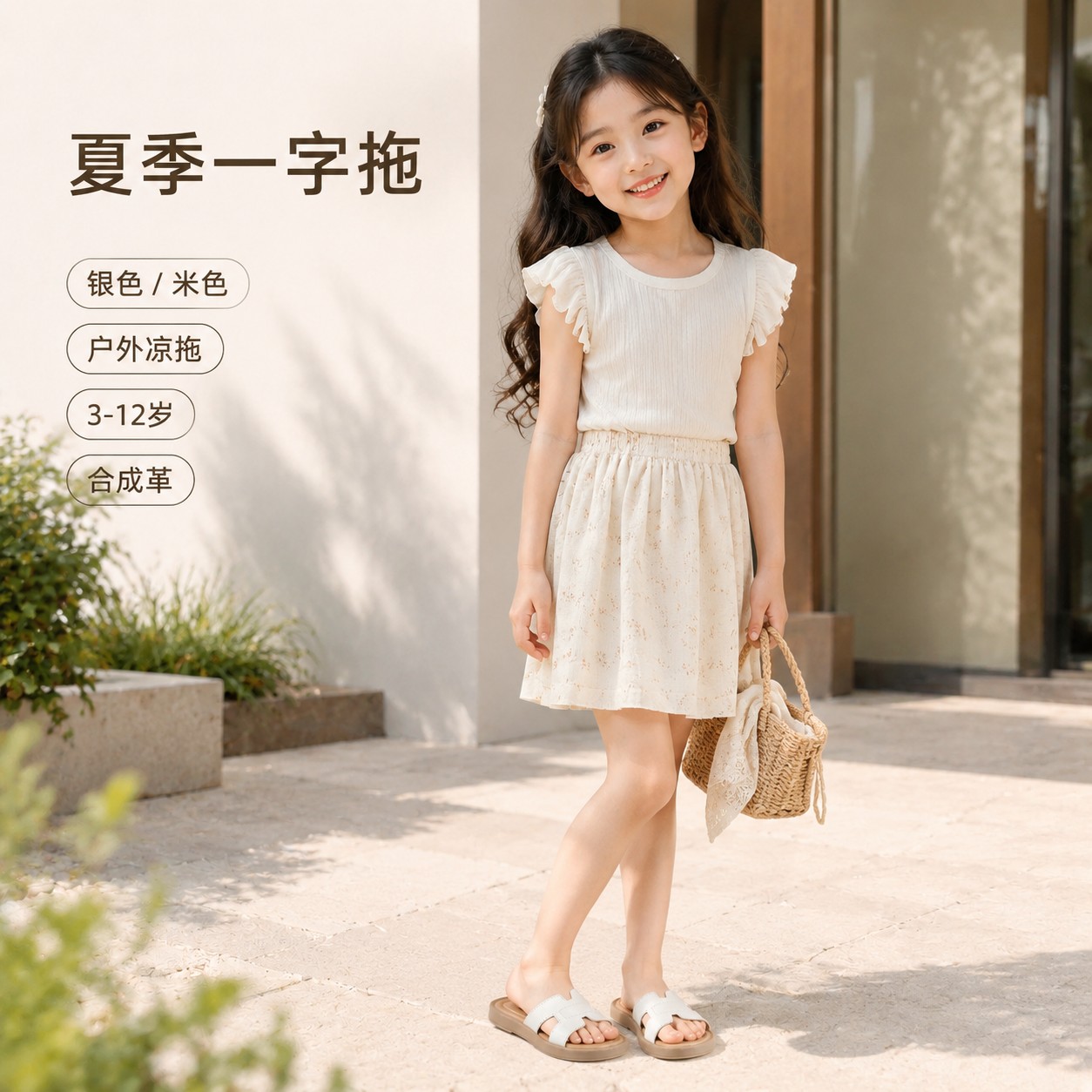 女童夏季简约一字拖儿童户外凉拖银色米色中大童休闲沙滩鞋日常穿
