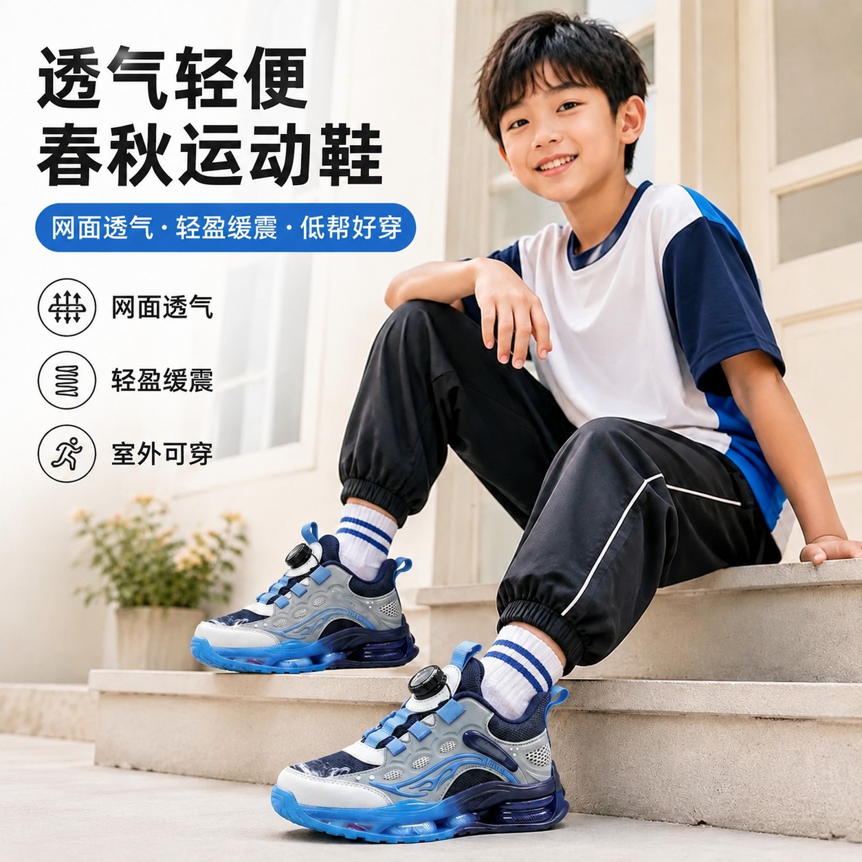 儿童男童网面运动鞋春秋低帮轻便减震跑步鞋中大童室外休闲鞋透气