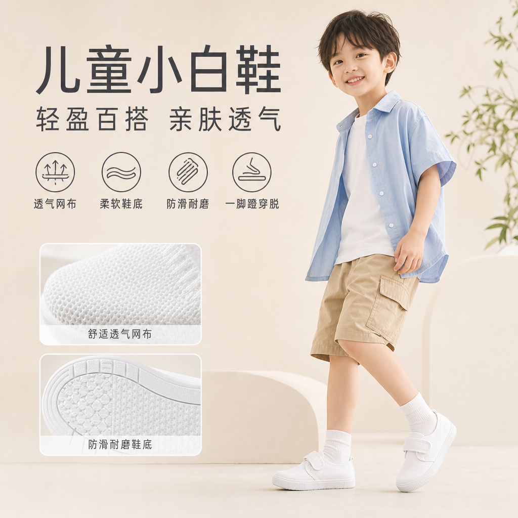 儿童小白鞋女童白布鞋男童帆布鞋小学生白色球鞋幼儿园室内运动鞋