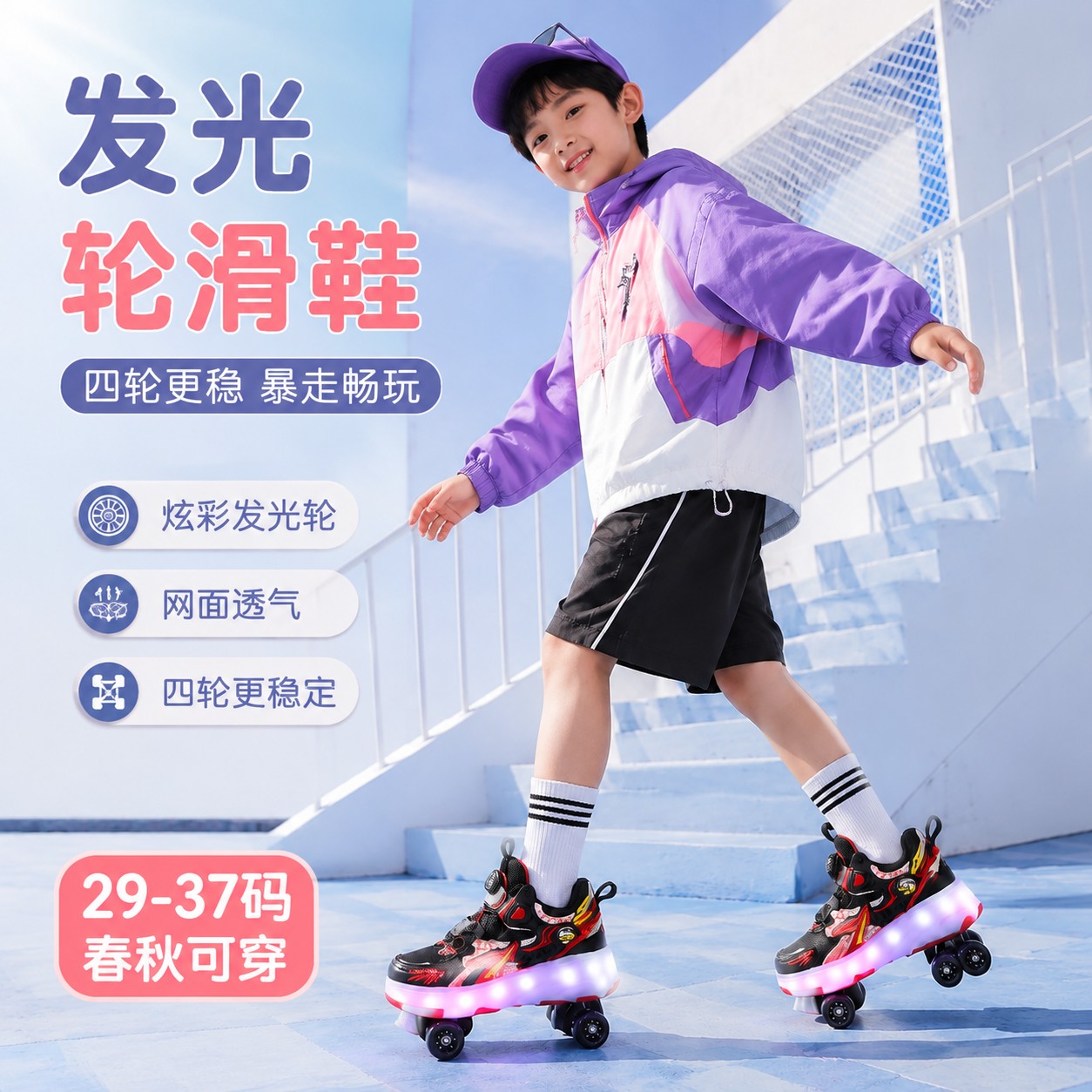 儿童发光轮滑鞋四轮暴走鞋低帮网面运动鞋男童女童春秋日常穿搭