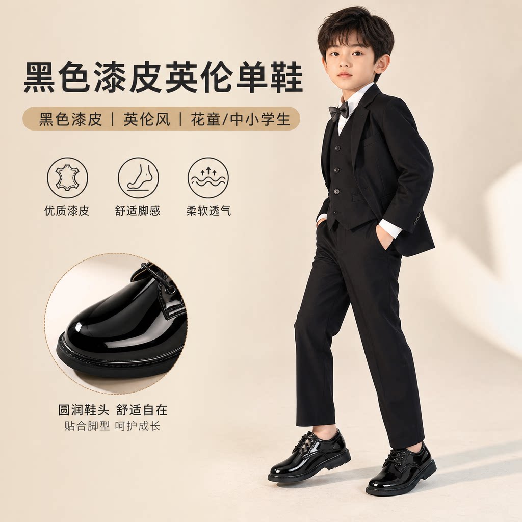 男童皮鞋黑色漆皮单鞋英伦风2025新款中小学生花童鞋男孩男儿童演