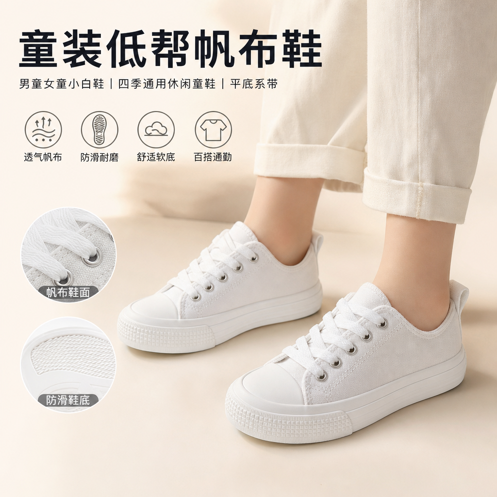 童装低帮帆布鞋男童女童小白鞋 四季通用休闲童鞋 平底布鞋系带设