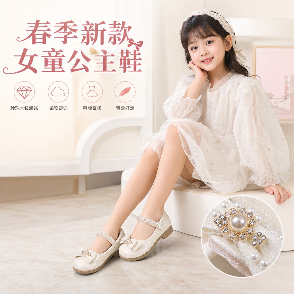 儿童皮鞋 2021年春季新款韩版女童单鞋珍珠水钻小中童可爱公主鞋