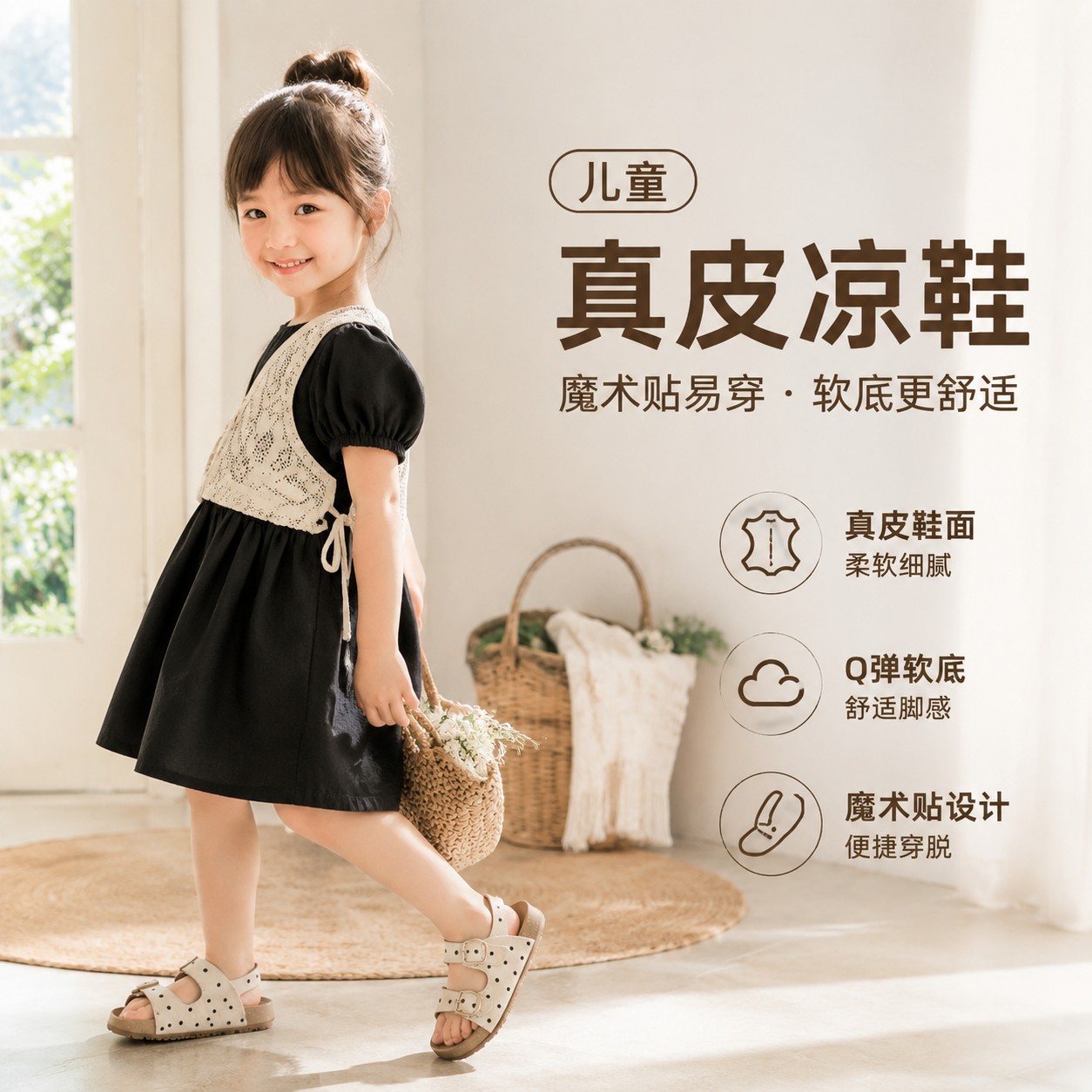 儿童真皮凉鞋夏季男童女童魔术贴软底沙滩休闲勃肯款日常穿搭凉鞋