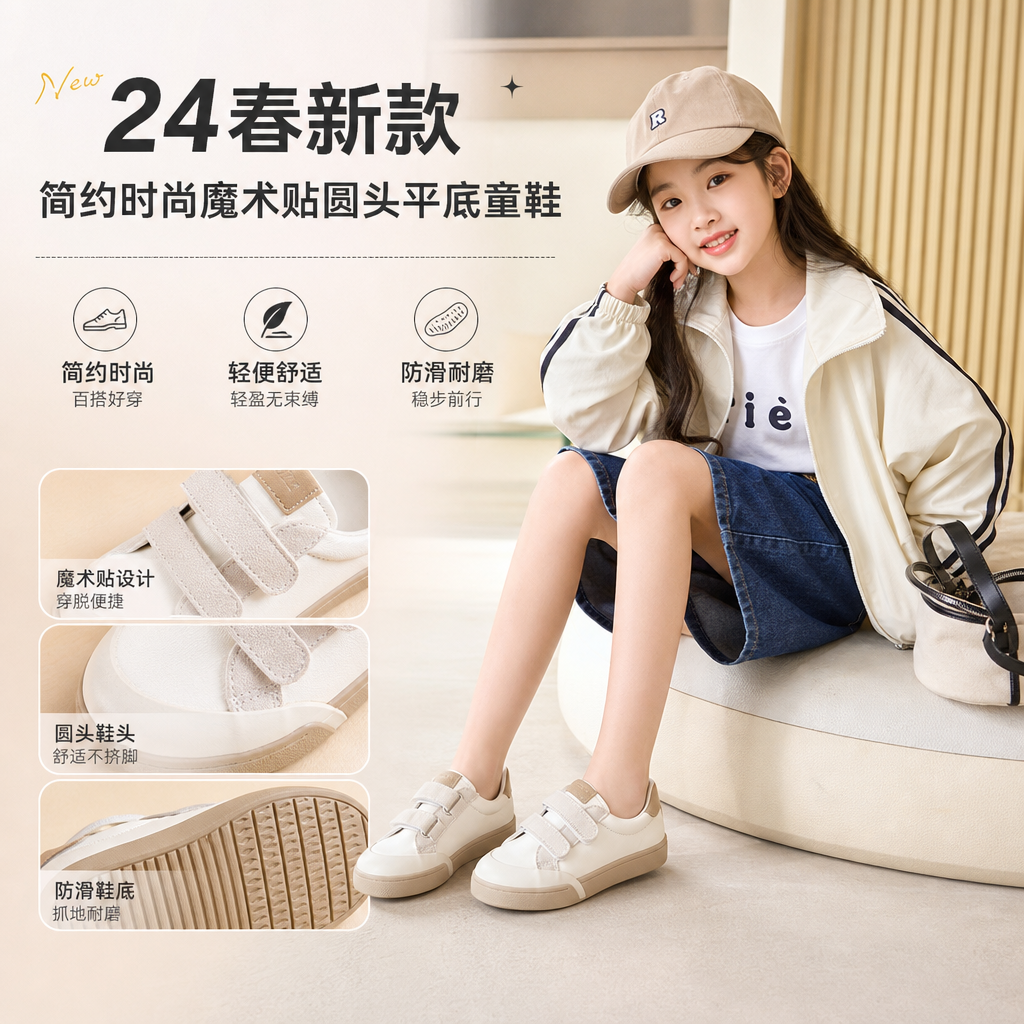 大东中大童休闲鞋童鞋24春季新款简约时尚平底魔术贴圆头24C1489